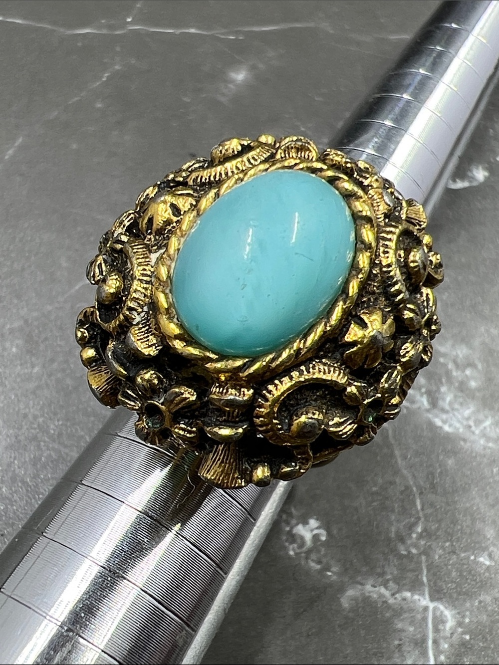 Vintage 70’s Sarah Coventry Czarina Adjustable Ring w/ Blue Cabachon Stone